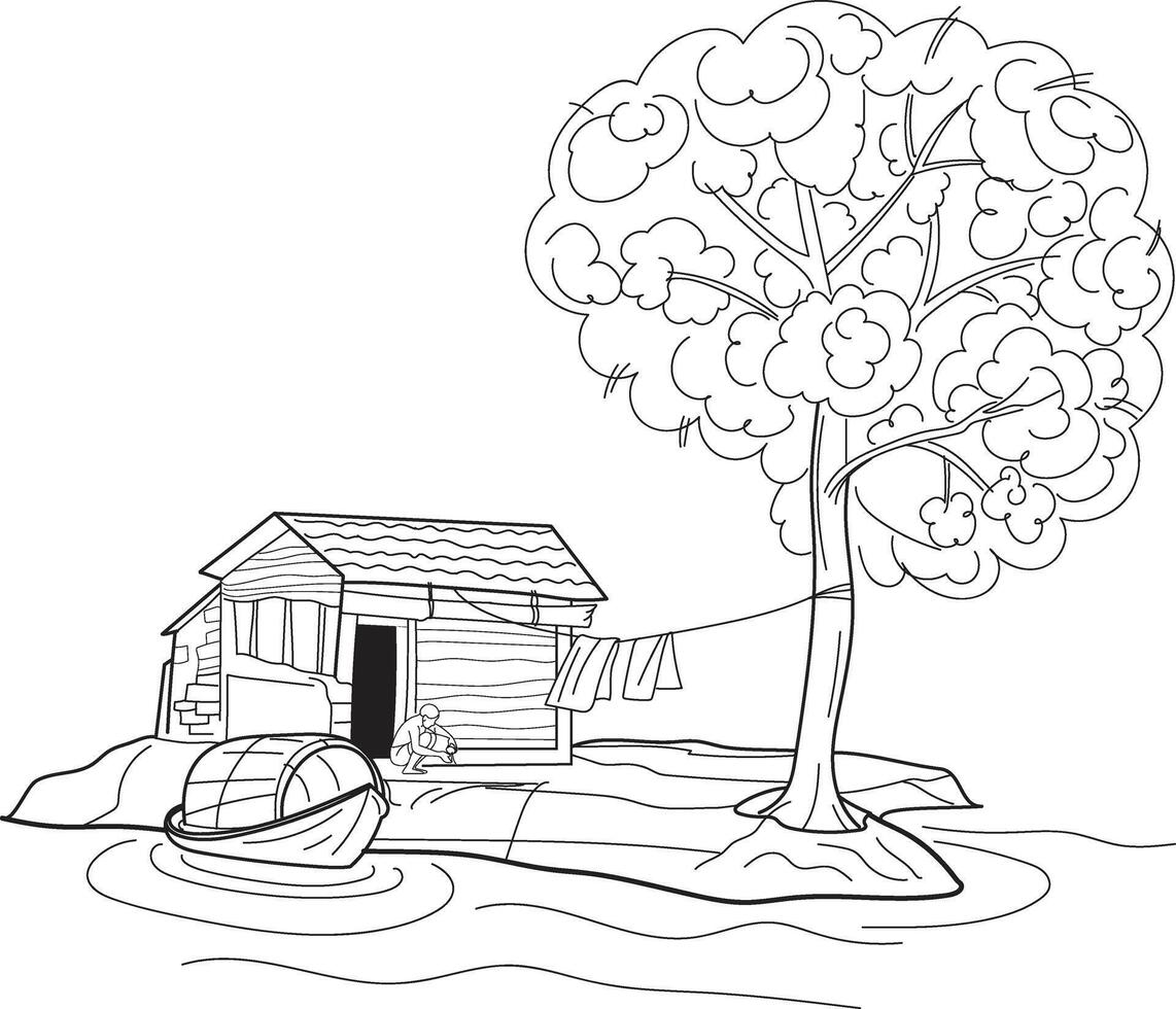 Fisher man house on the river side. hand drawn in thin line style vector