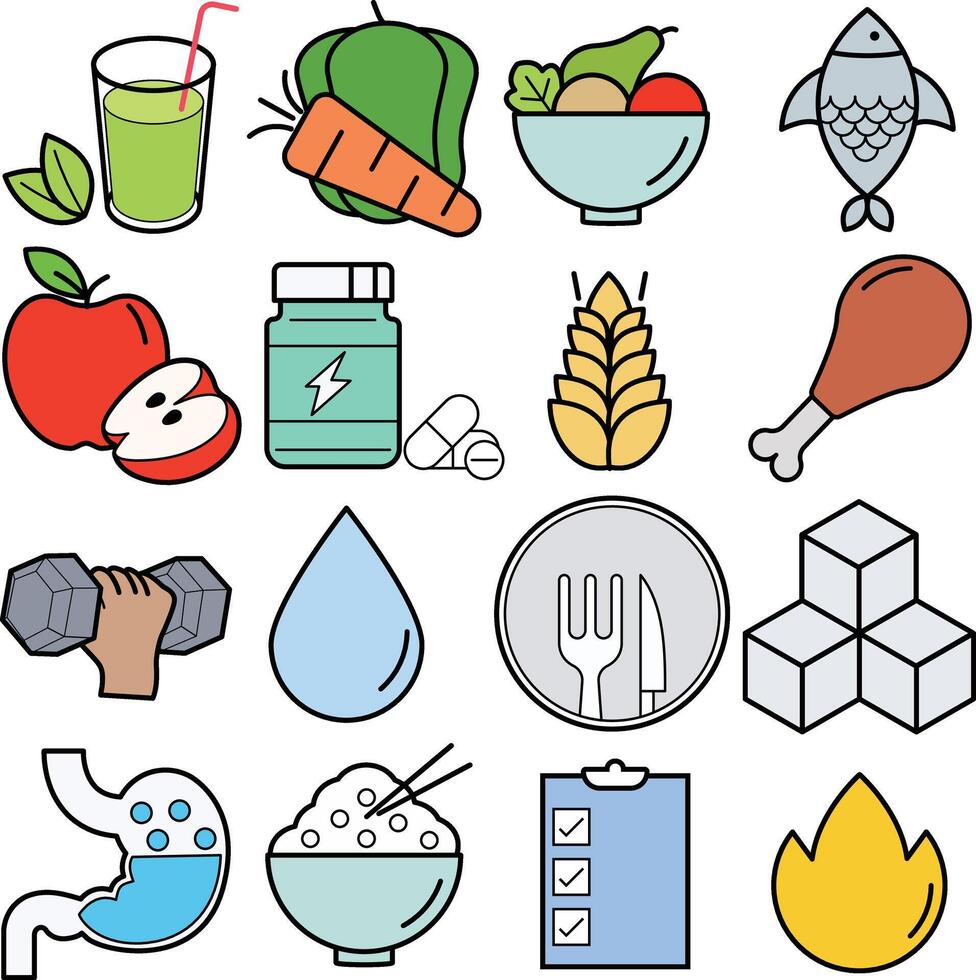 Nutrition Icons, Containing food, vegetables, water, meal planning, fruits, dietary fiber, protein, vitamins, healthy fats and carbohydrate icons vector