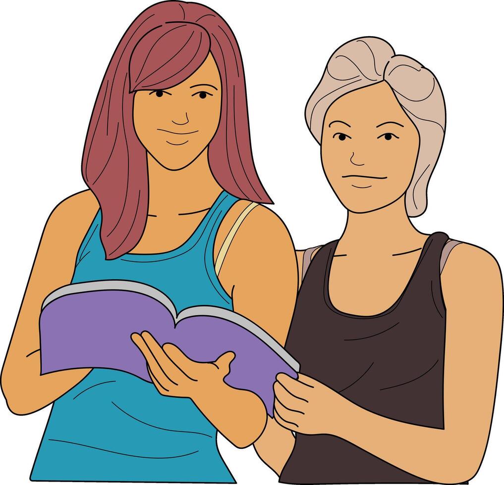 girl friends holding book on hand hand drawn in thin line style vector