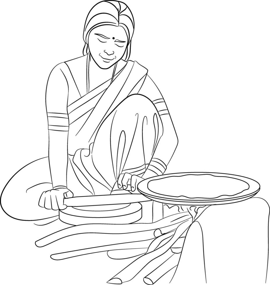 Indian woman cooking food with traditional way, hand drawn in thin line style vector