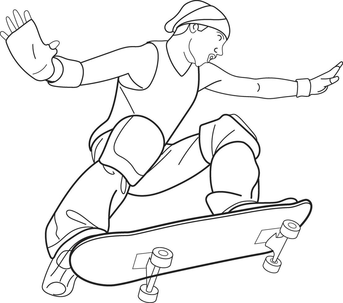 Man with skateboard, hand drawn in thin line style vector