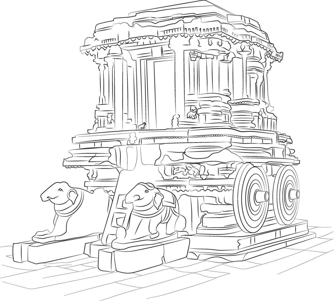 Stone chariot, Hampi Monuments, Hand drawn in thin line style vector