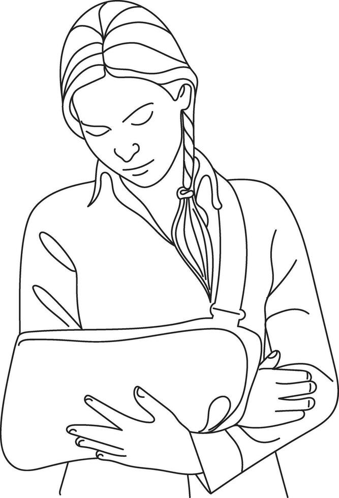 Woman with broken arm in sling, broken hand medical concept. Hand drawn in thin line style vector