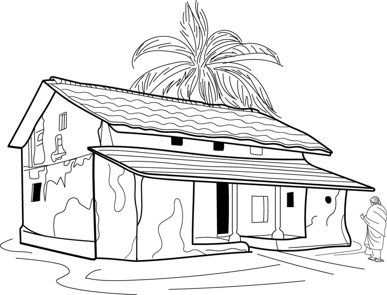 Indian village mud house, Indian village old house, Indian farmer house, Hand drawn in thin line style vector