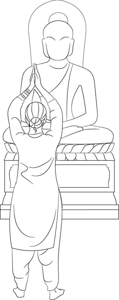 Woman doing namaste in front of buddha statue, hand drawn in thin line style vector