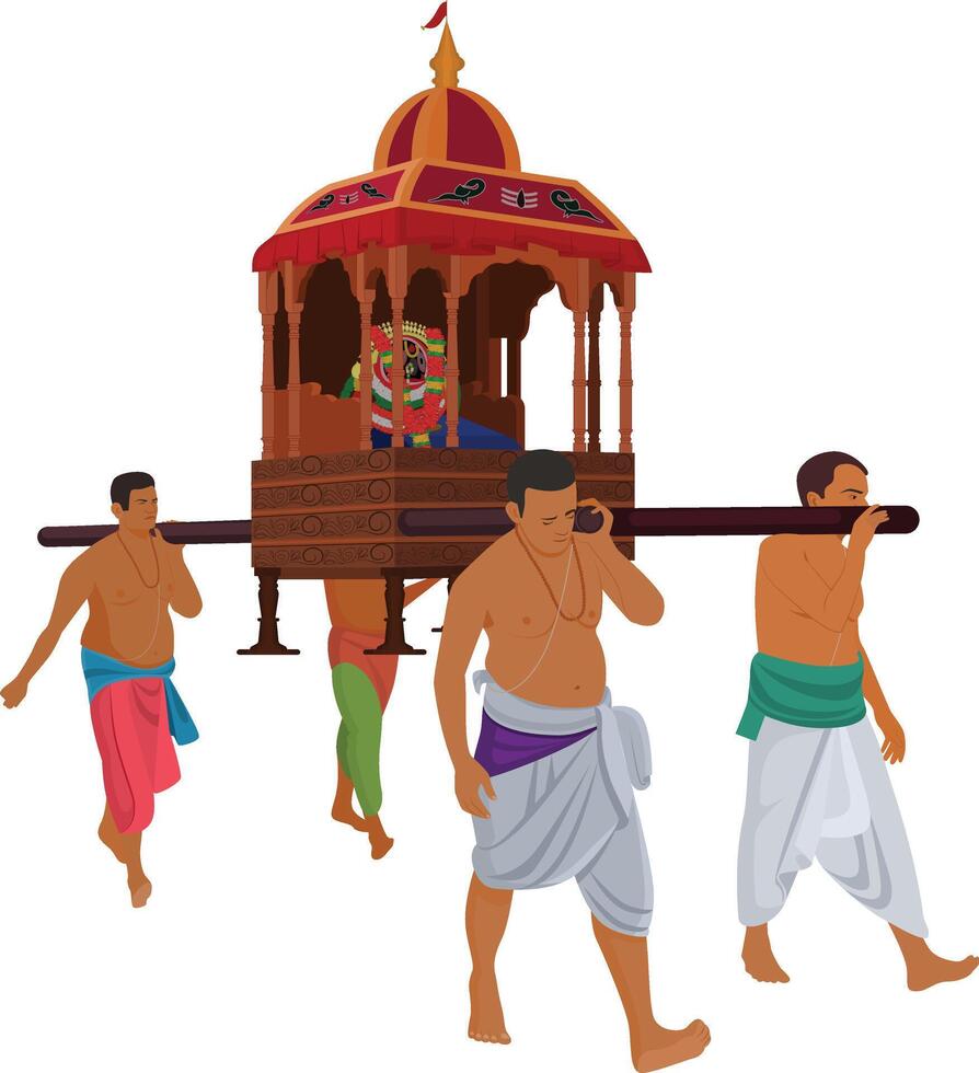 Devotees carrying statues of god at puri jagannath temple, Procession of utsava murti of puri jagannath temple, Rath Yatra Chariot Festival of Hindu God Lord Jagannath celebrated in Odisha India. vector