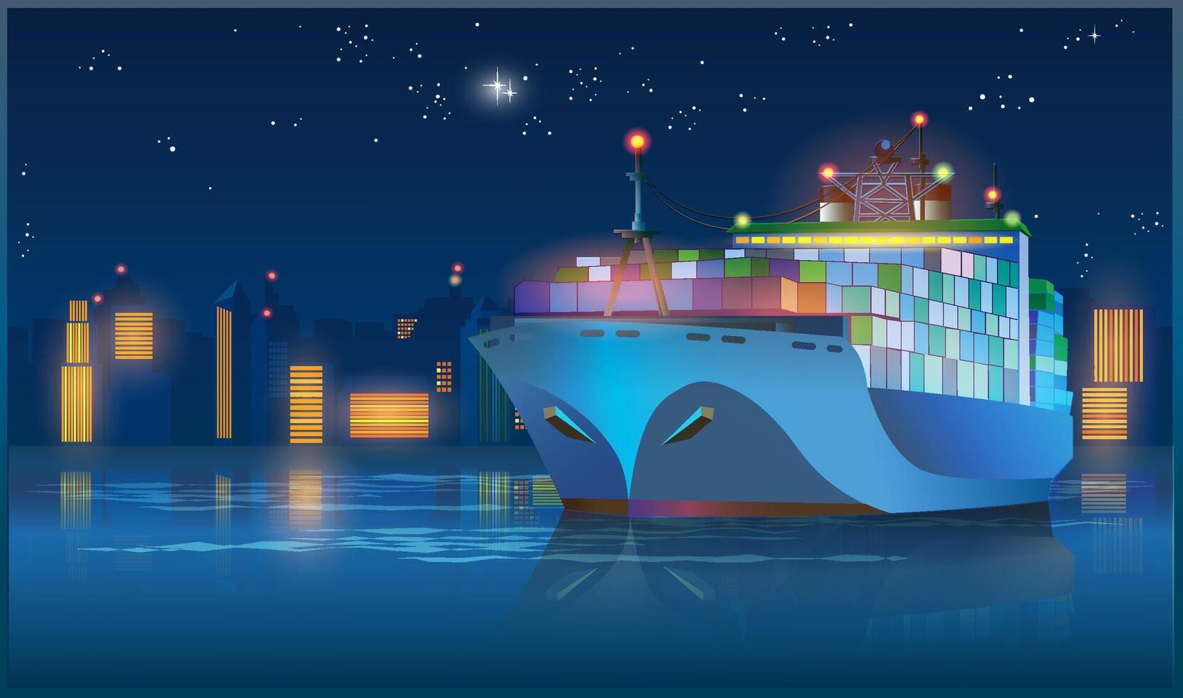 Large cargo ship leaving the harbor with cargo at night vector