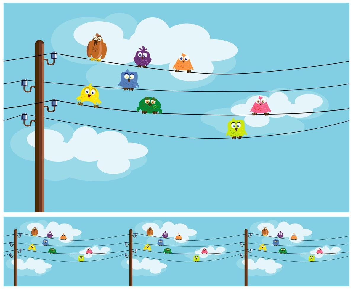 Seamless composition of cartoon birds sitting on wires vector