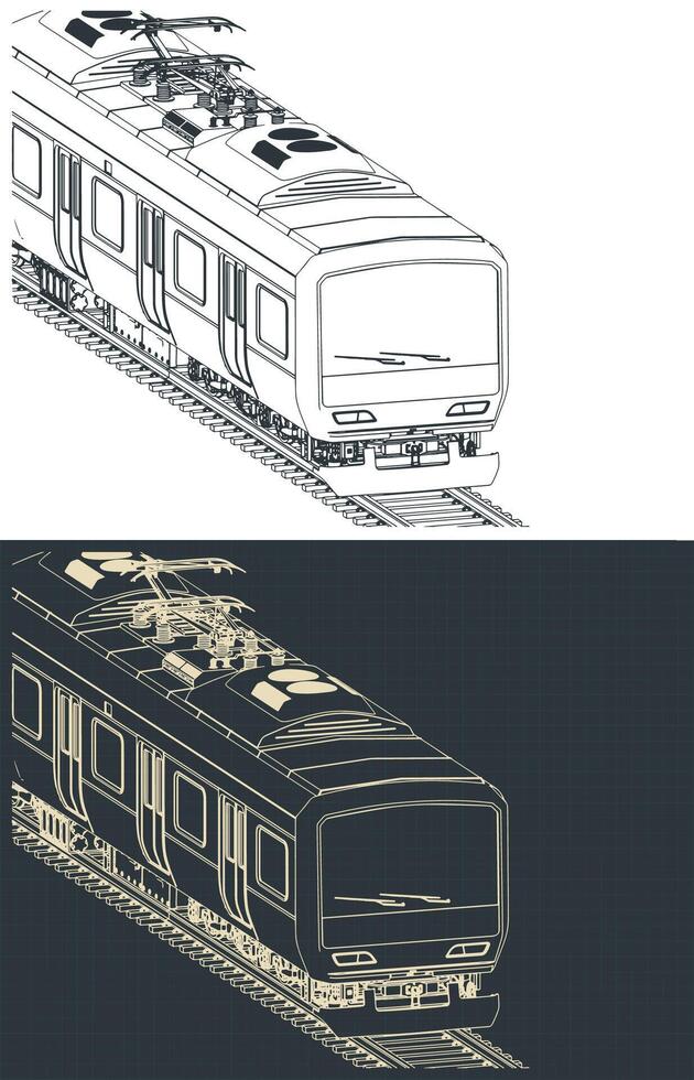 City train isometric blueprints close-up vector