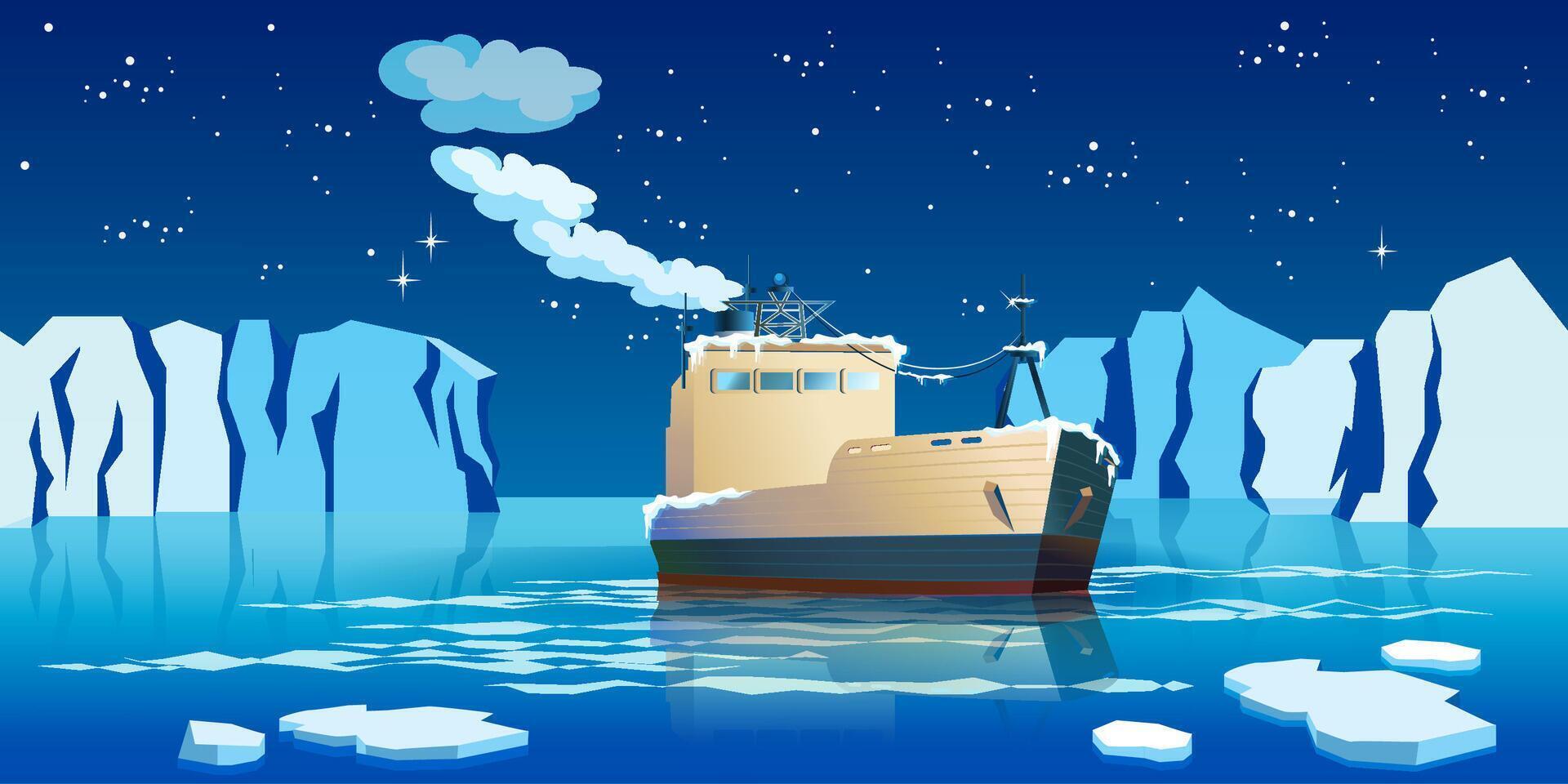 Ship in the ice in northern waters. Seamless horizontal vector
