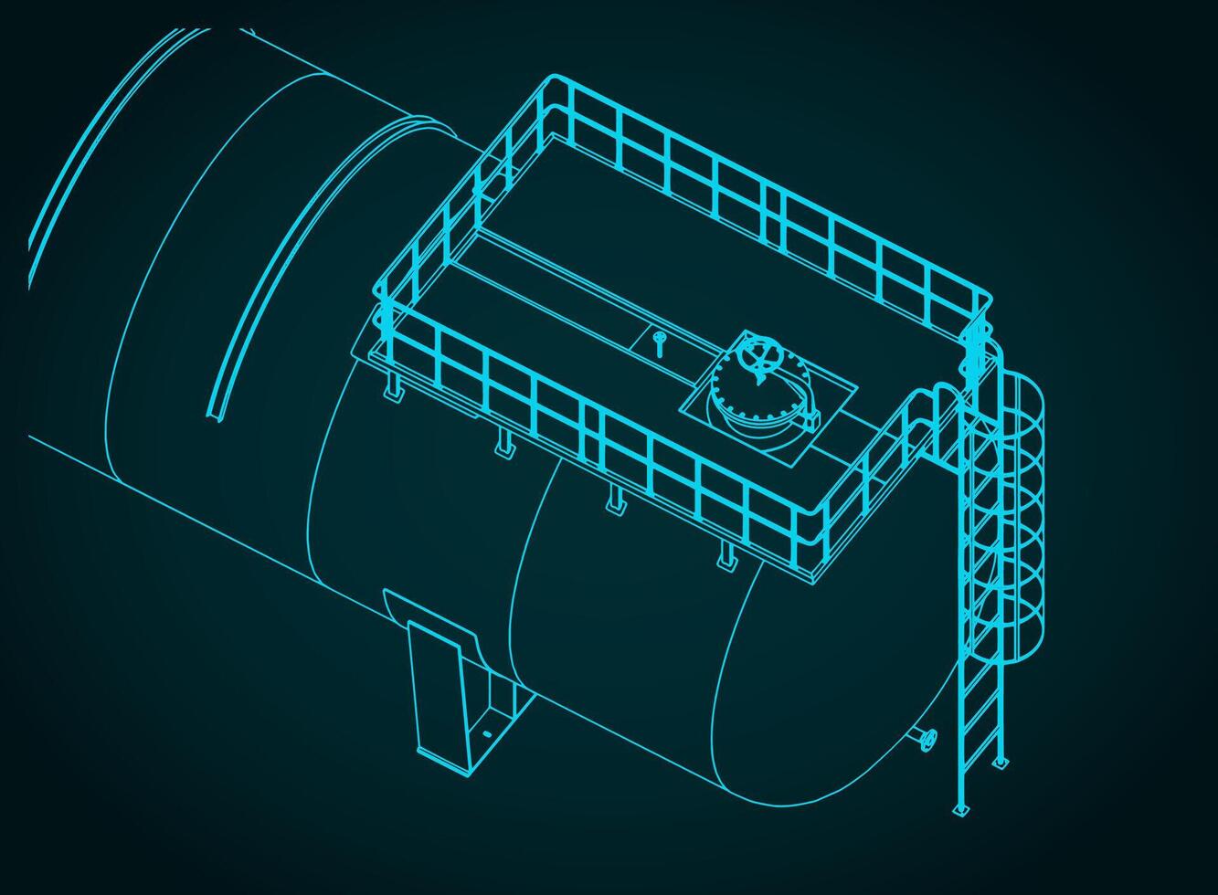 Large horizontal storage tank isometric blueprint close up vector