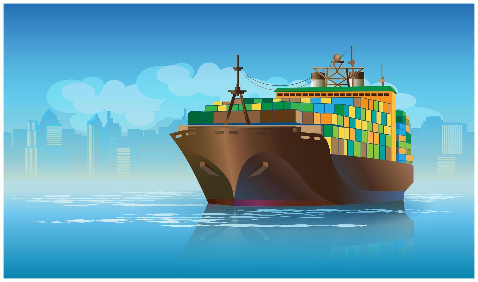 Large cargo ship leaving the harbor with cargo vector