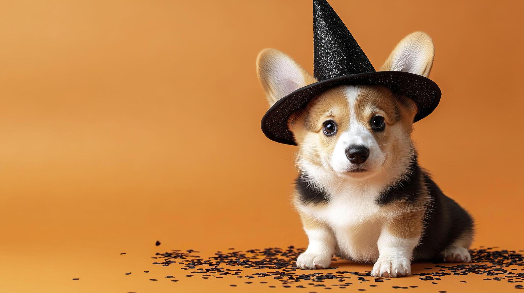 Cute Welsh corgi puppy in witch hat on orange background. photo