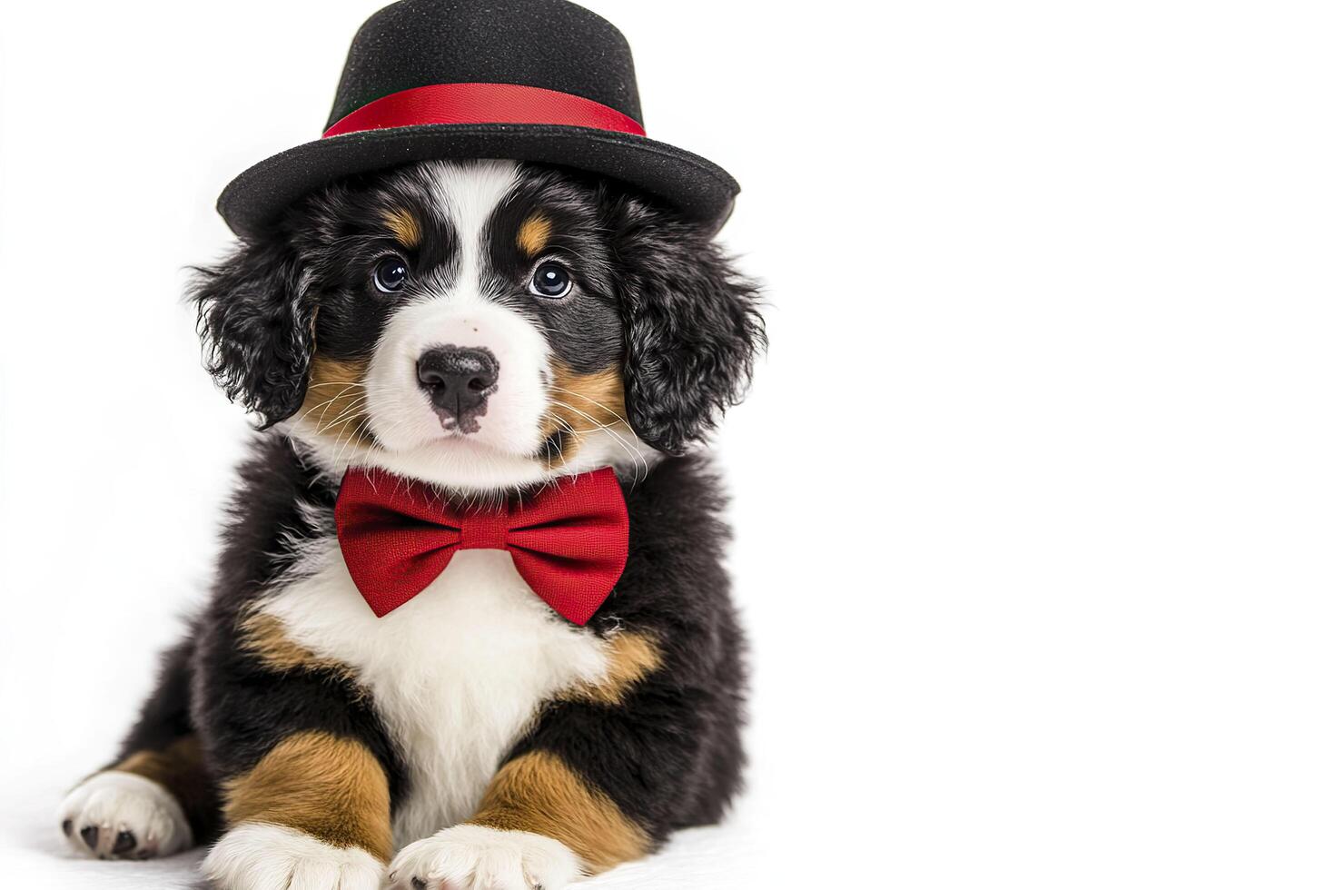 Cute bernese mountain dog wearing a hat and bow tie isolated on white background. photo