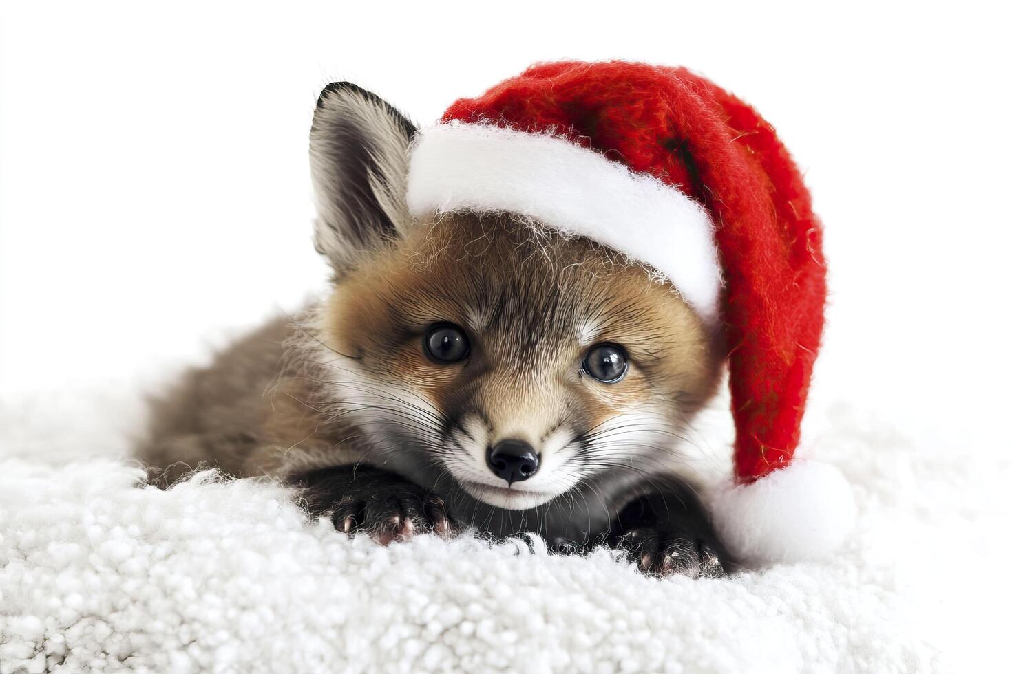 Cute little fox in red christmas hat isolated on white background. photo