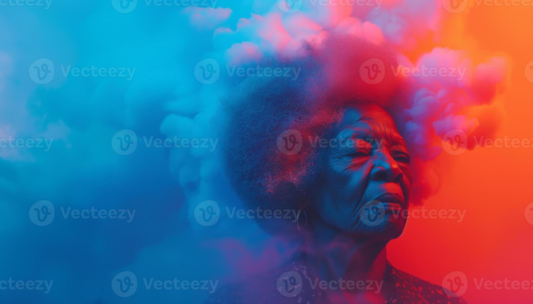 Extravagant African-American senion woman surrounded by vibrant colorful clouds. Black history and future contrasting background. photo