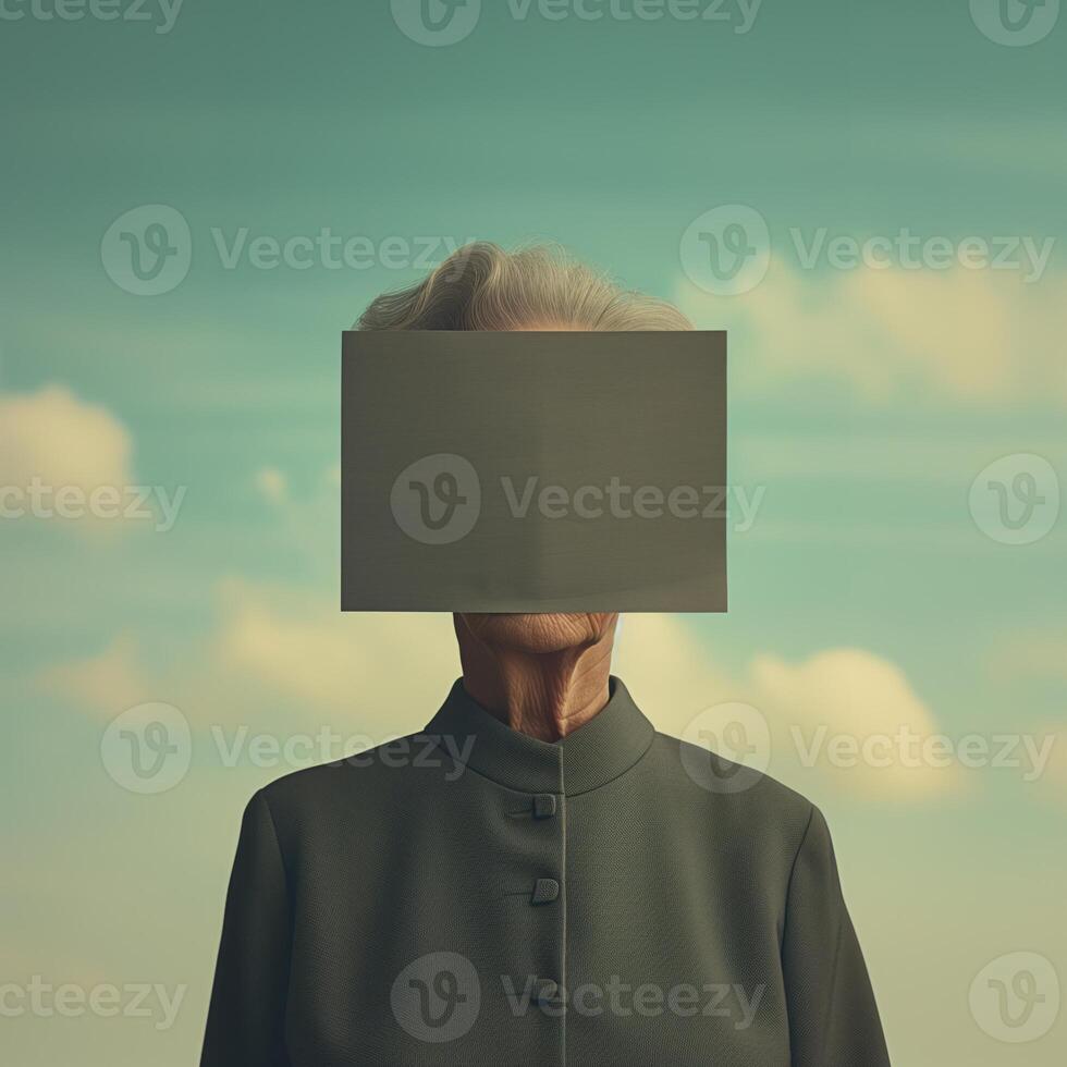 Old woman with her face covered by grey paper sheet. Identity, personality conceptual background. photo