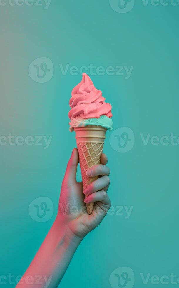 Summer, hot weather copy space. Hand holding a soft ice cream cone against pastel teal background. photo