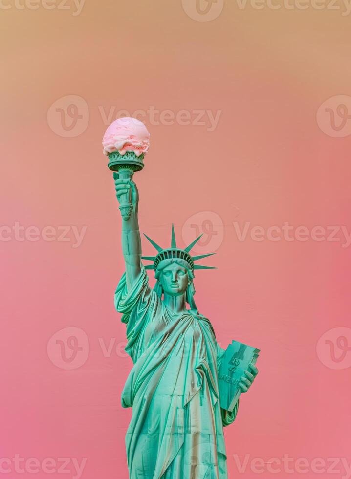 Statue of Liberty holding an ice cream cone instead of the torch. New York, USA summertime background. photo