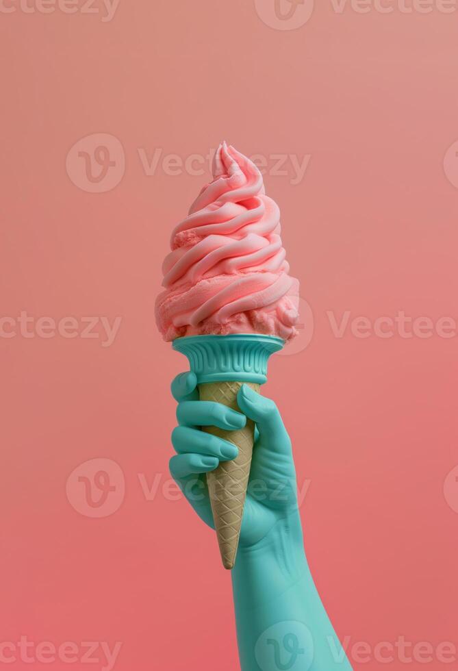 Statue of Liberty holding an ice cream cone instead of the torch. New York, USA summertime background. photo