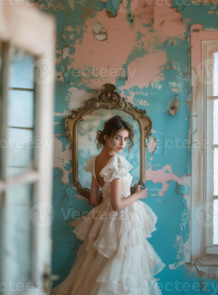 Bride in a white dress standing next to to a mirror in a old ruined room. Elegance and ruggedness contrasting background. photo