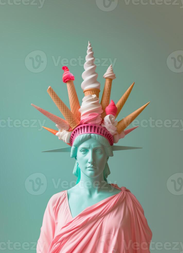 Statue of Liberty with soft ice cream cones forming the crown. New York, USA summertime background. photo