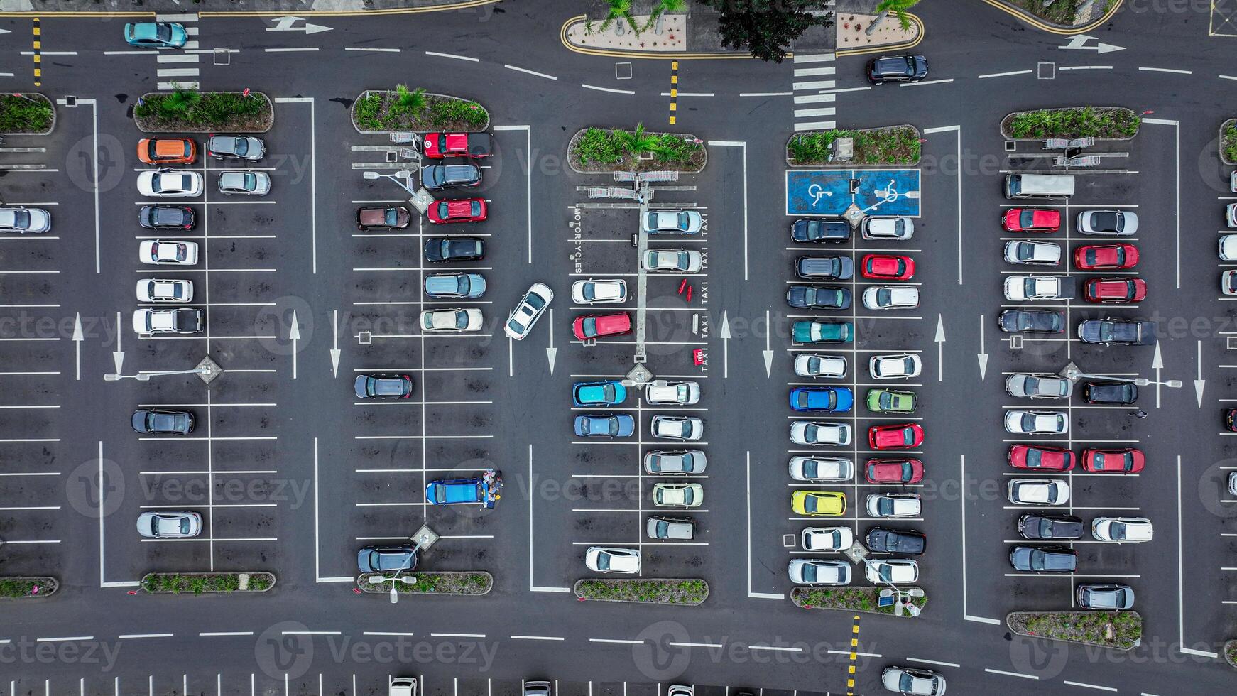 An aerial view capturing an empty parking lot. photo