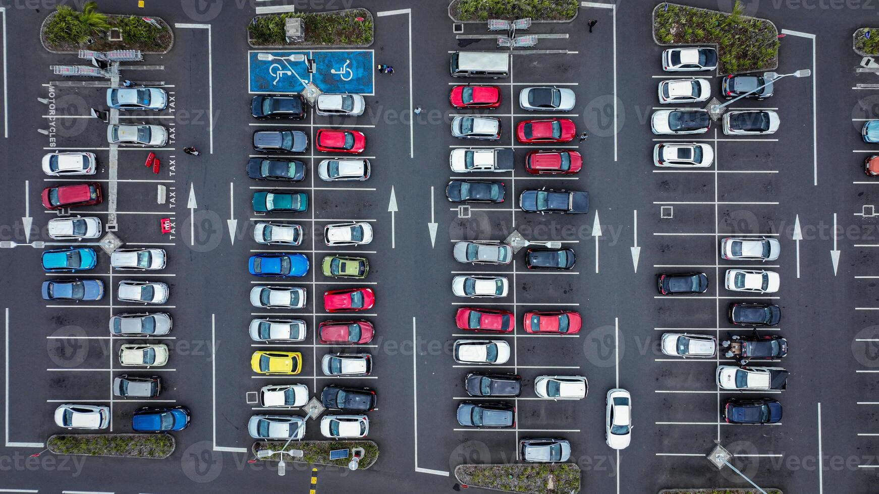An aerial view capturing an empty parking lot. photo