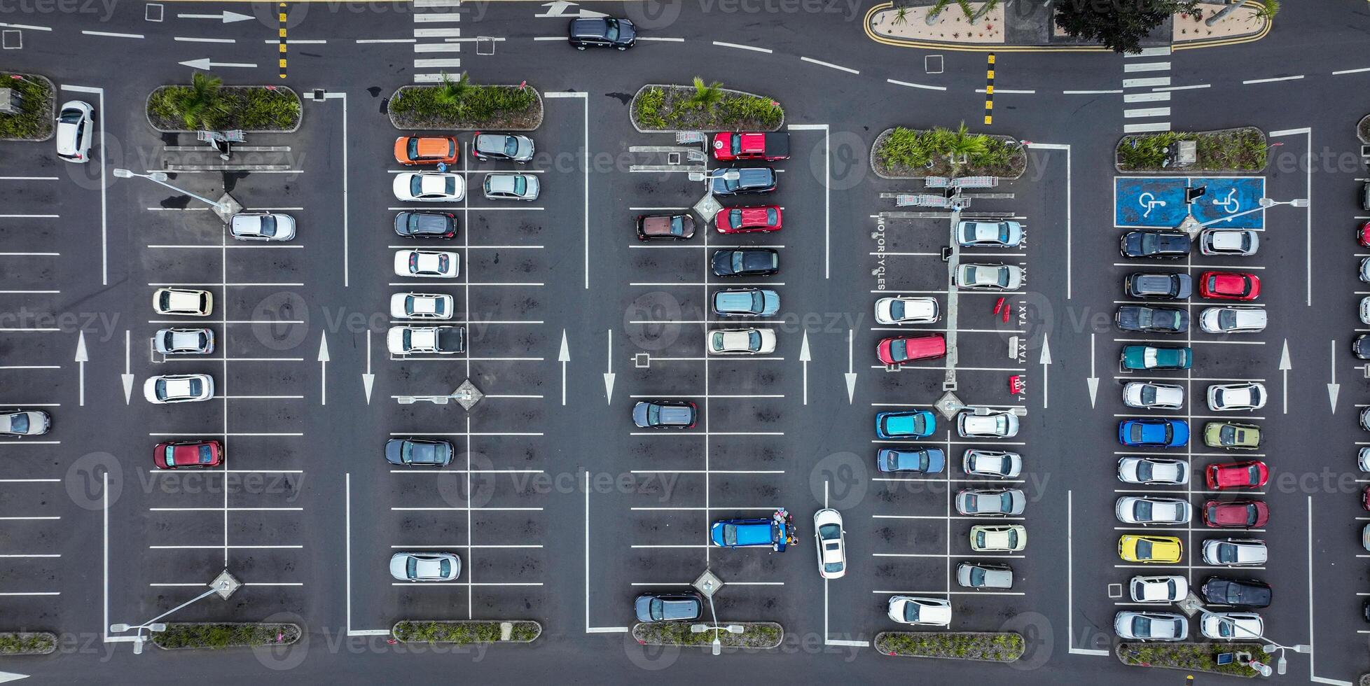 An aerial view capturing an empty parking lot. photo