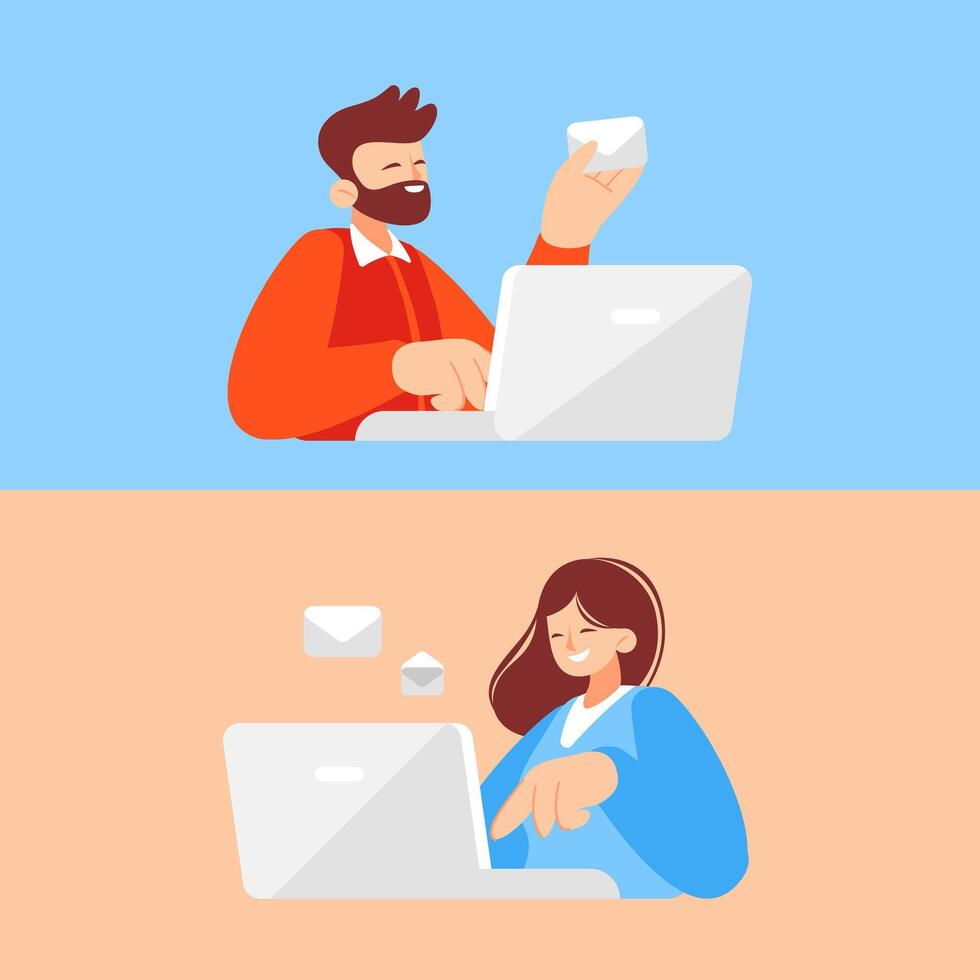 Illustration on the topic of communication via email and messengers in flat style. vector