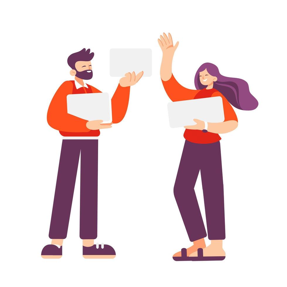 Illustration of a man and a woman standing with signs in their hands in flat style. vector
