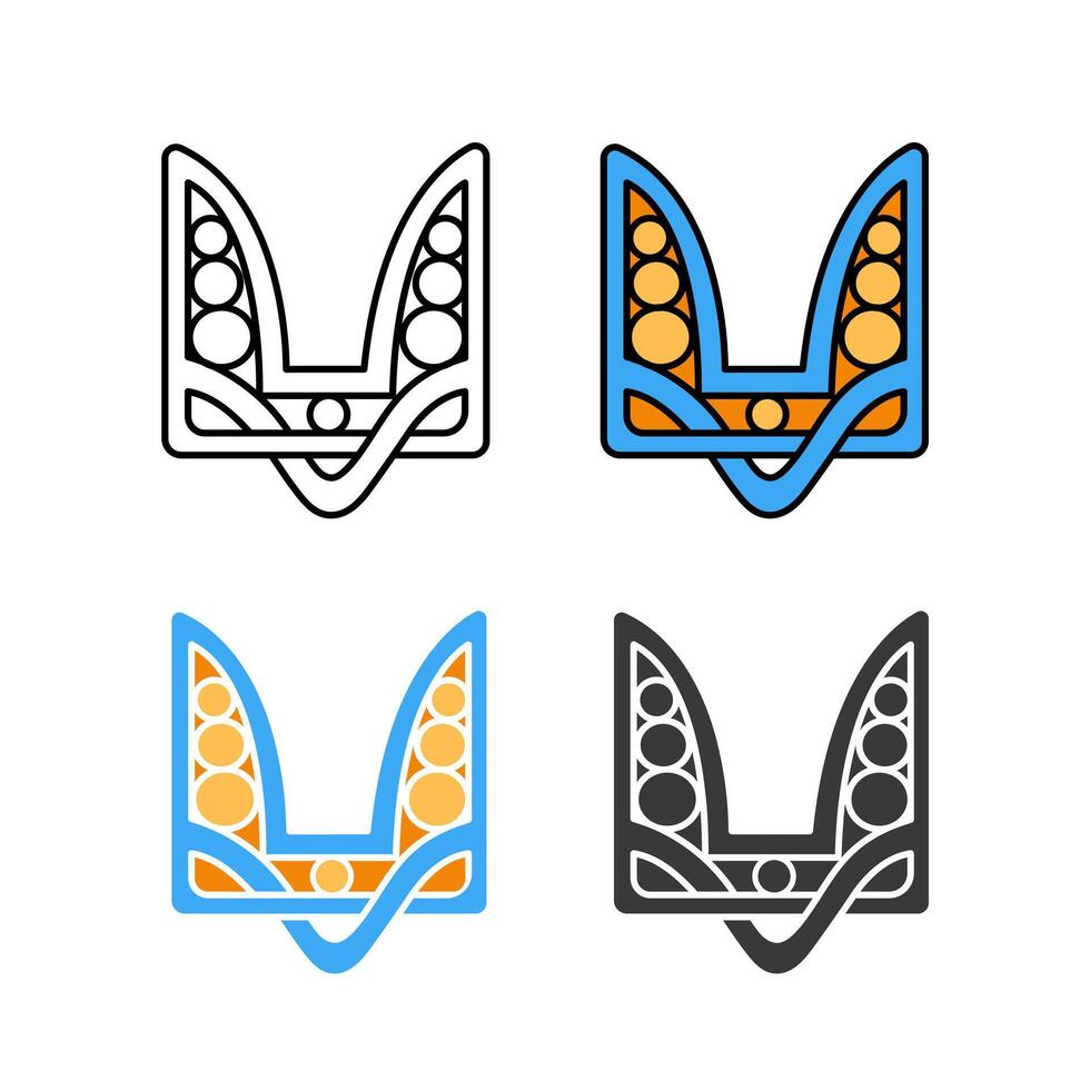 Ancient version of the Ukrainian State Emblem Trident in line, colorful, monochrome styles. vector