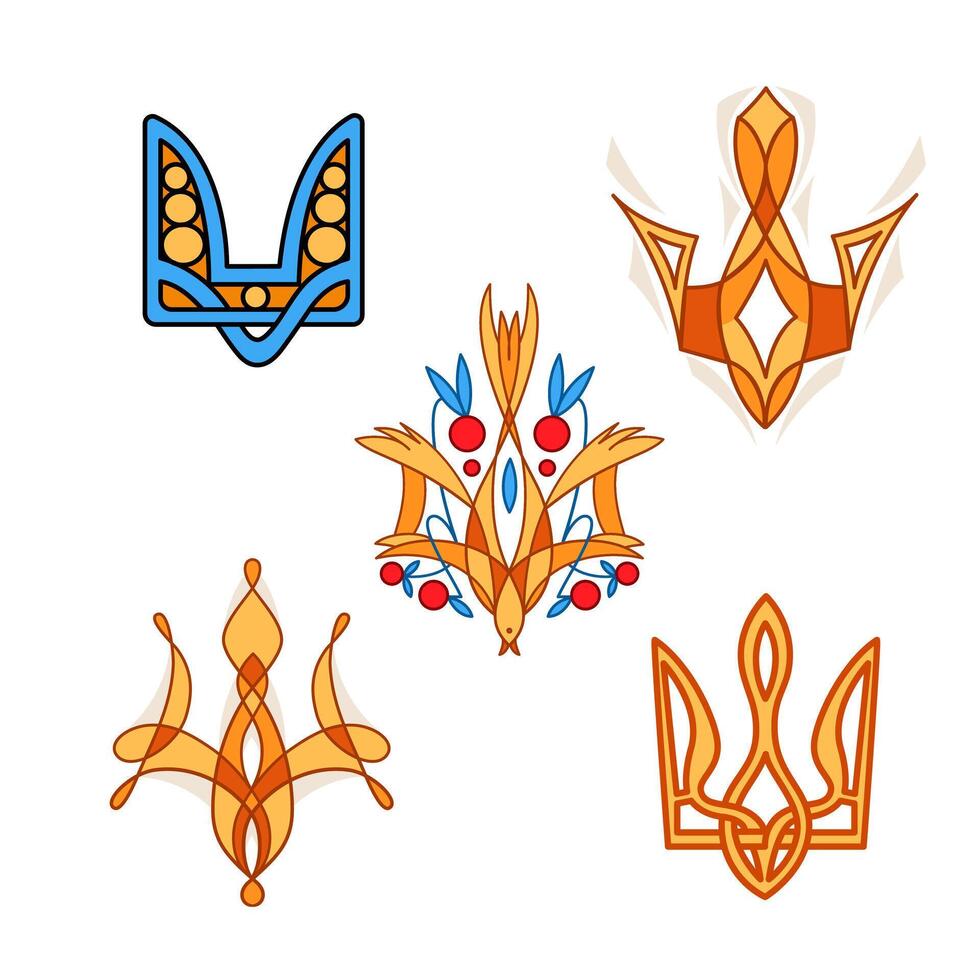 A set of yellow and blue Ukrainian symbols, the Ukrainian state emblem Trident with outline in different versions. vector
