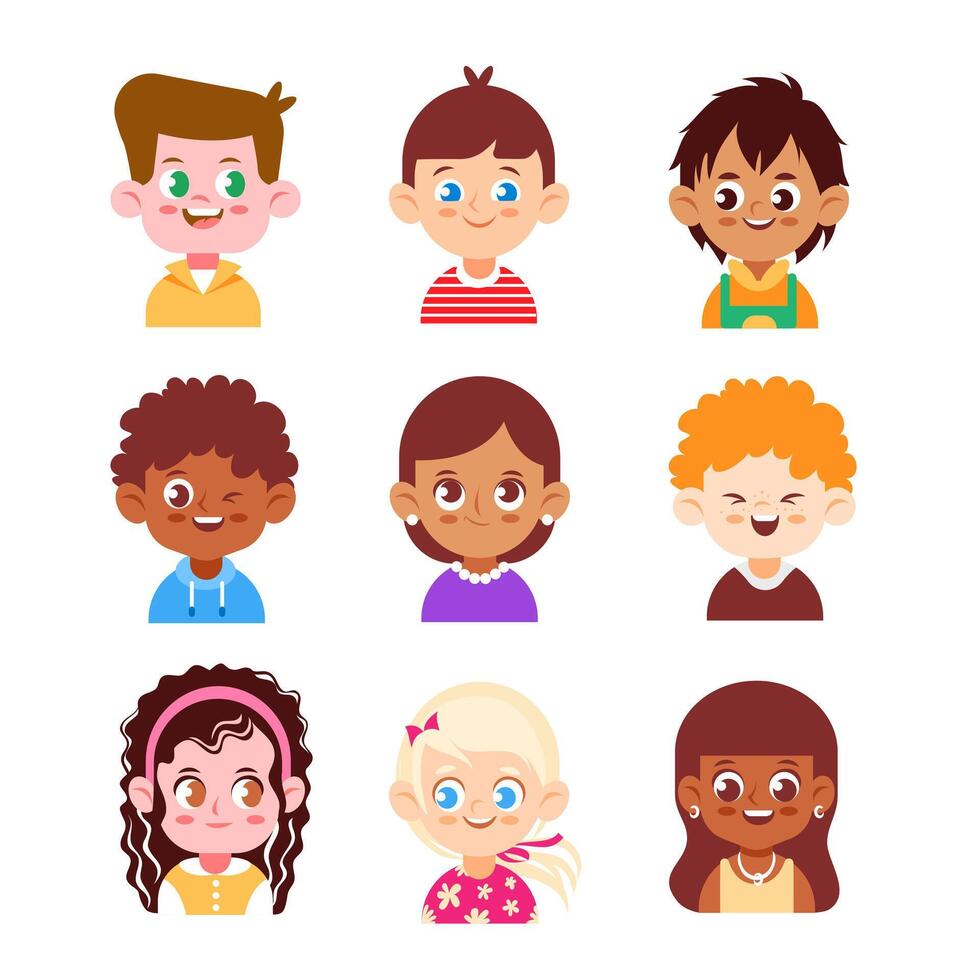 A set of avatars of children of different races and nationalities in a cute cartoon style. vector