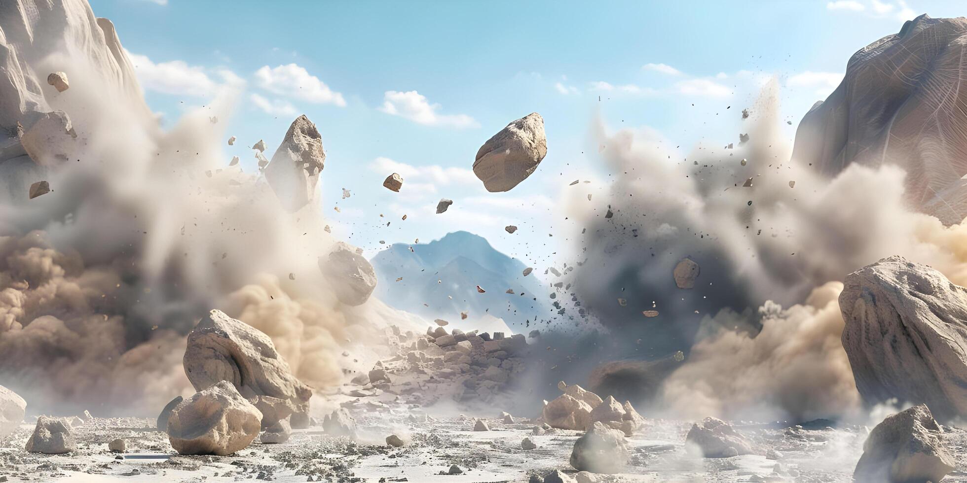 Massive rocks crashing into the ground with dust photo