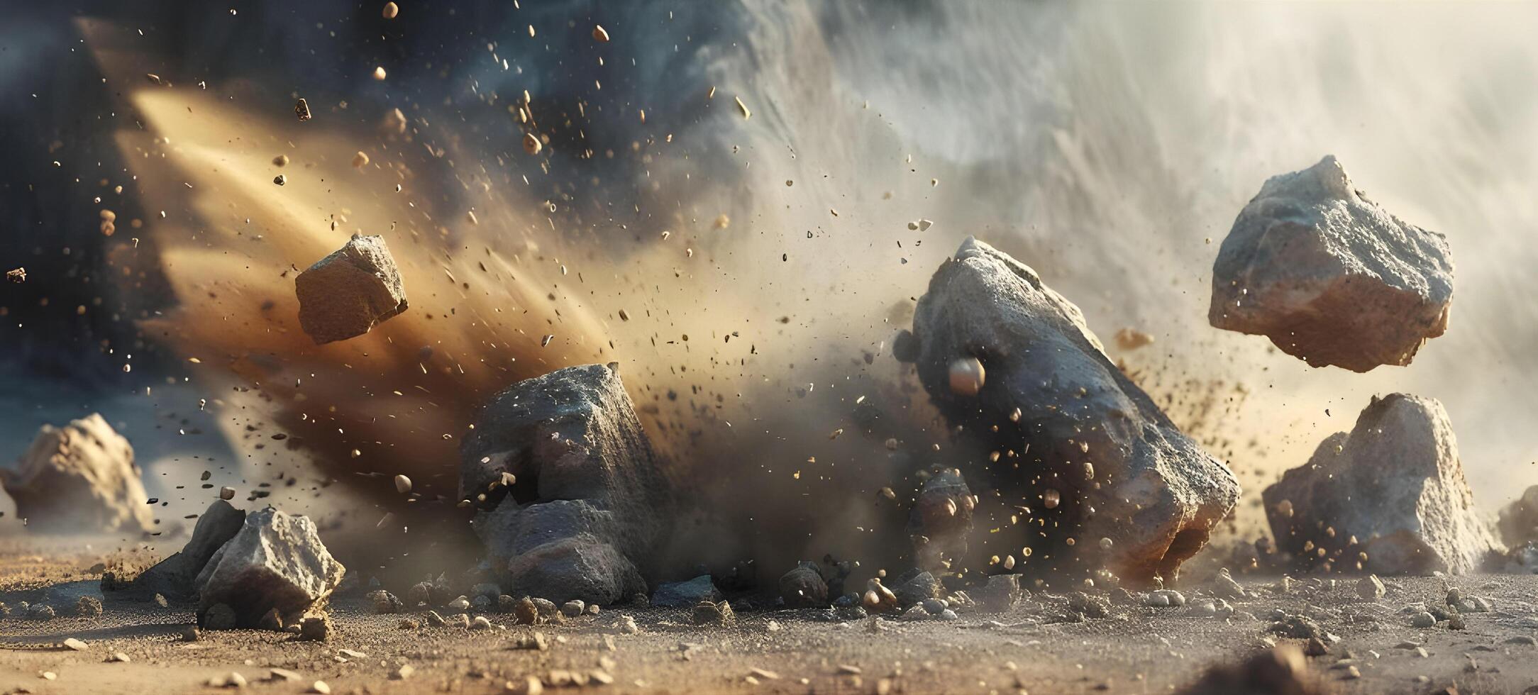 Massive rocks crashing into the ground with dust photo