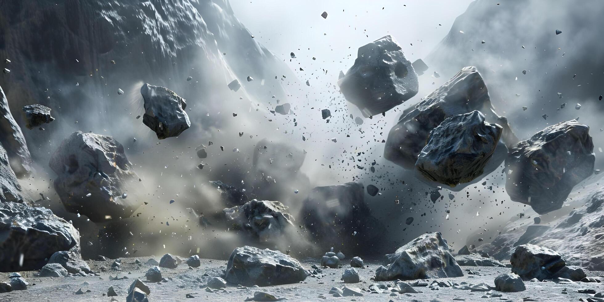 Massive rocks crashing into the ground with dust photo