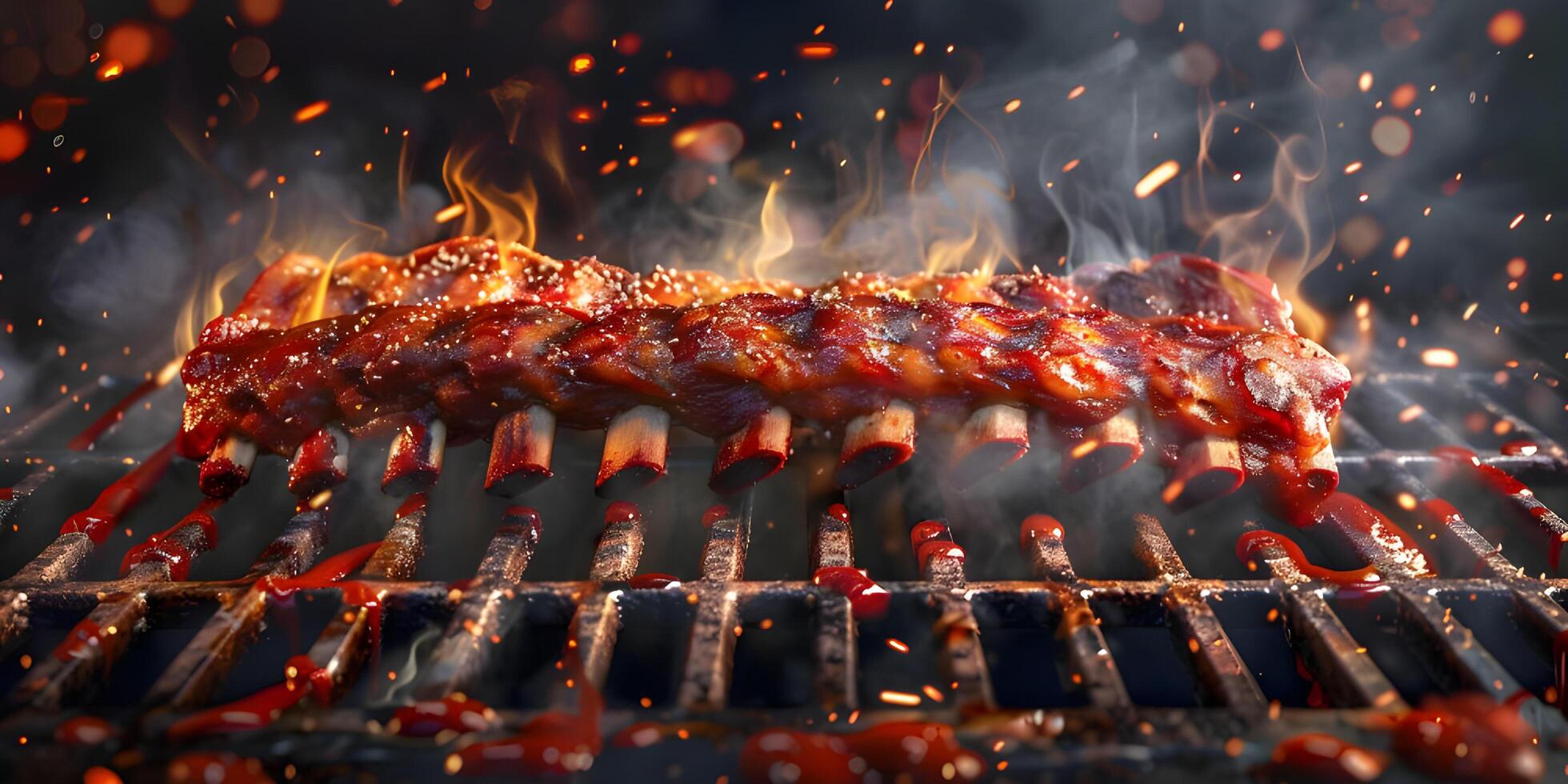Sizzling American BBQ Ribs on Grill with Smoky Background photo