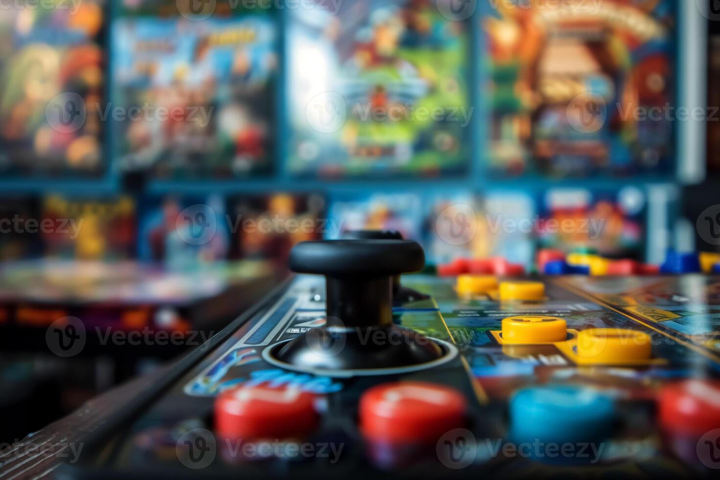 Arcade joystick with colorful buttons in focus, surrounded by blurred vintage game covers in the background photo