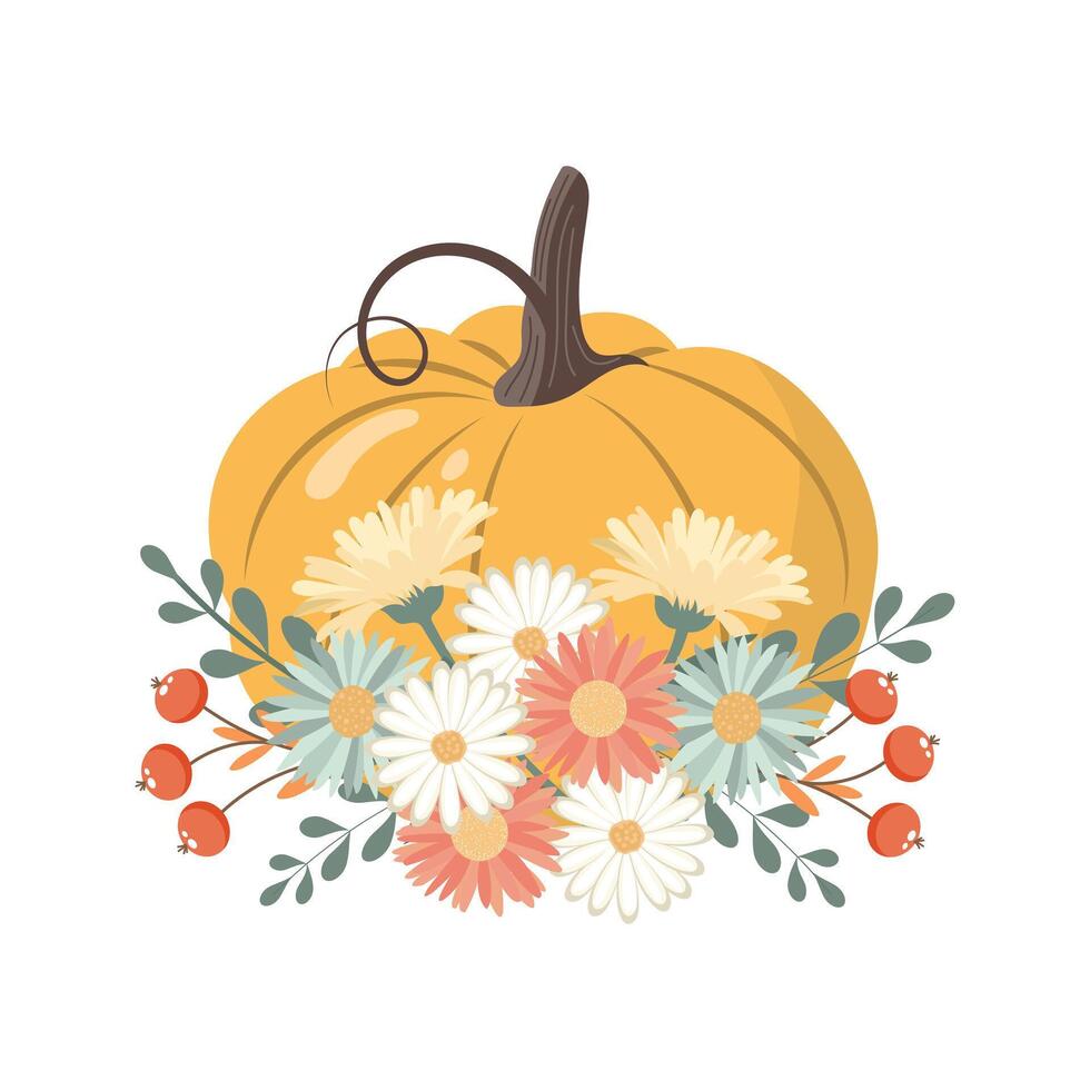 Cute autumn composition of pumpkin with flowers, berries and leaves. Seasonal harvest design for Thanksgiving. Flat style illustration. vector