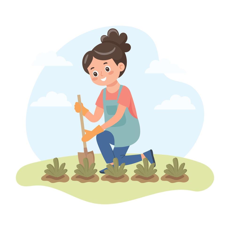 Girl with a shovel taking care of a plant. Woman gardener in spring. Cute flat style illustration. vector