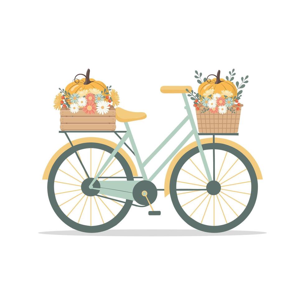 Retro bicycle with pumpkins and flowers in a box and basket. Thanksgiving greeting card. Flat style illustration. vector