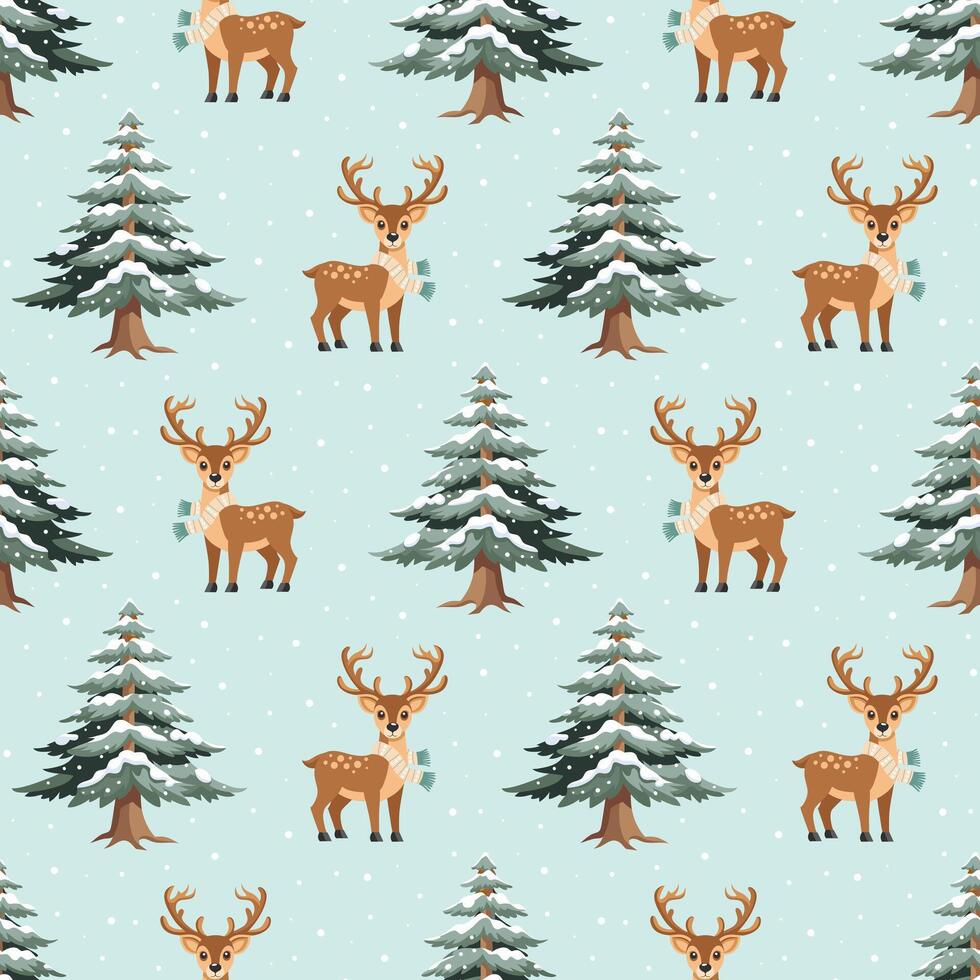Wild deer in winter forest seamless pattern. Winter scene. Deer and firs in snow. Wildlife illustration, background vector