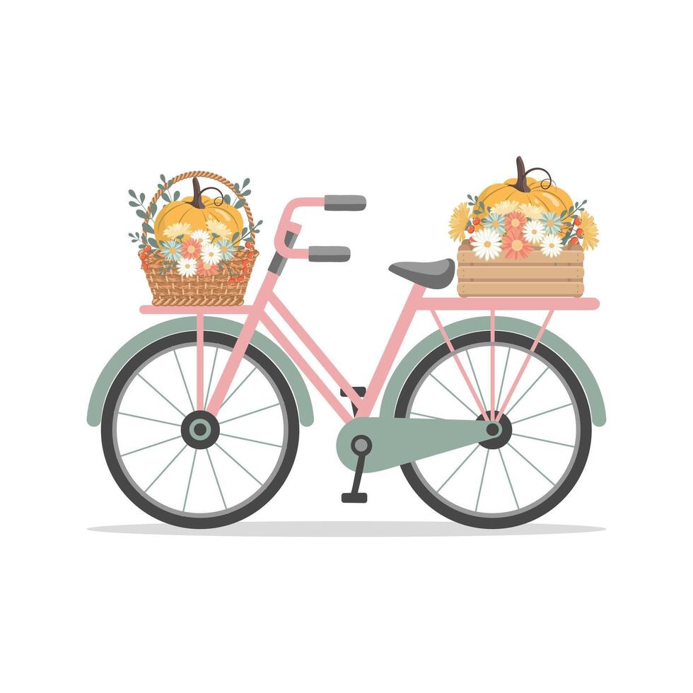 Retro bicycle with pumpkins and flowers in a box and basket. Thanksgiving greeting card. Flat style illustration. vector