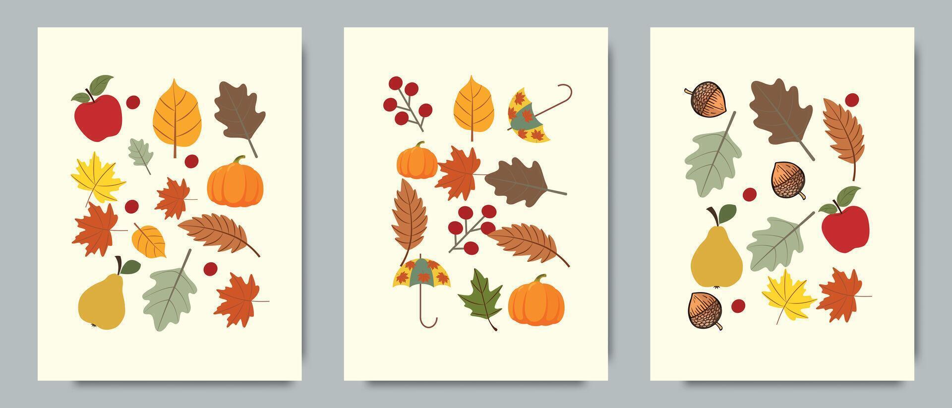 Minimal autumn poster set. Autumn leaves, pumpkin, apple, acorn, pear, umbrella. Harvest day and Thanksgiving backgrounds. Autumn atmosphere. vector