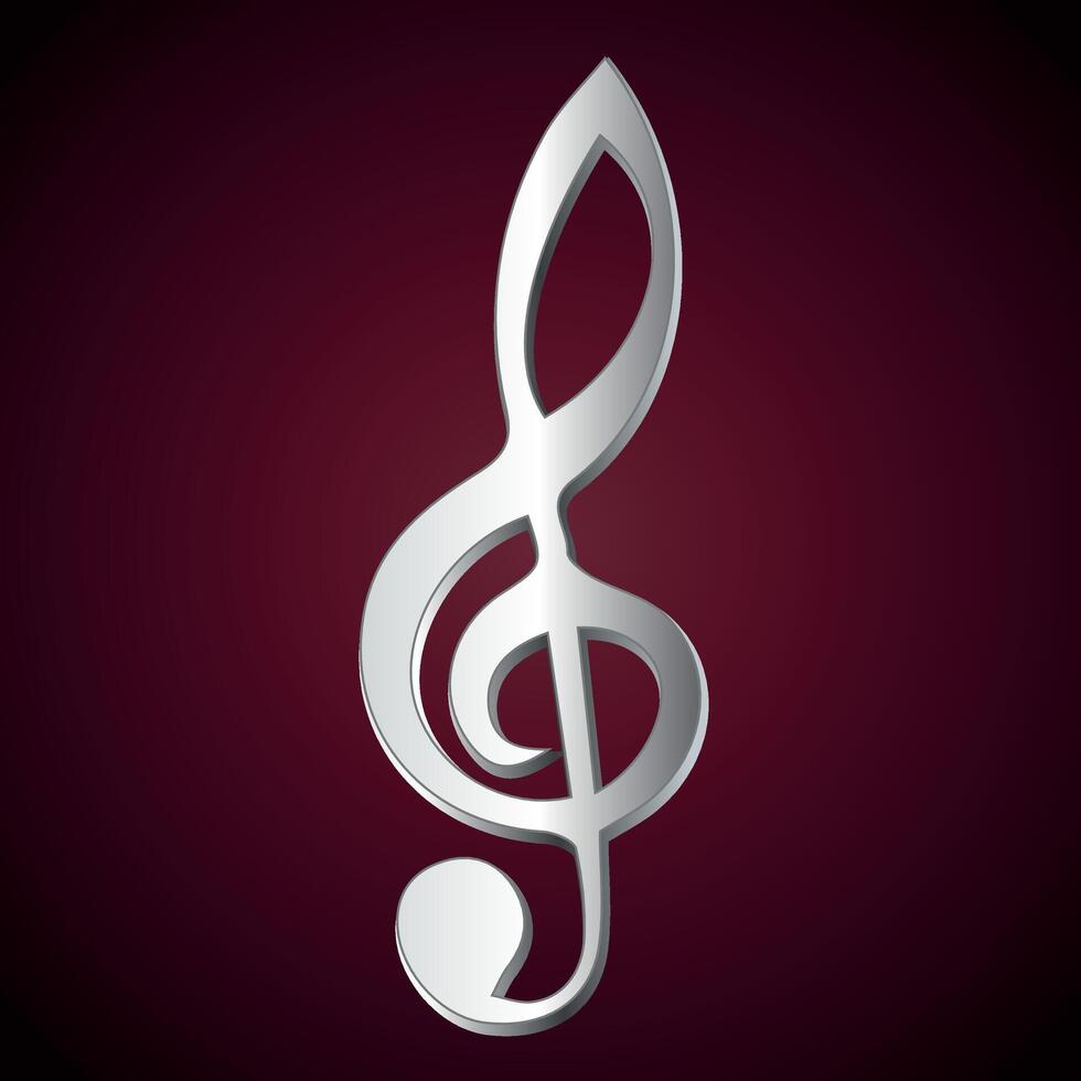 Silver treble clef or musical note. Abstract graphic illustration of musical clef with silver design on dark burgundy background. vector