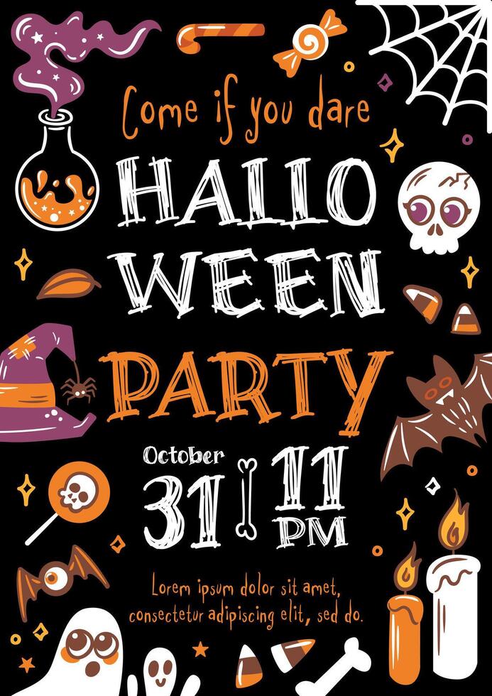 Invitation to a spooky Halloween party. illustrations in sketch style. Potion, skull, zombie hand, witch hat, ghosts other creepy characters. illustration for website, poster, flyer. vector