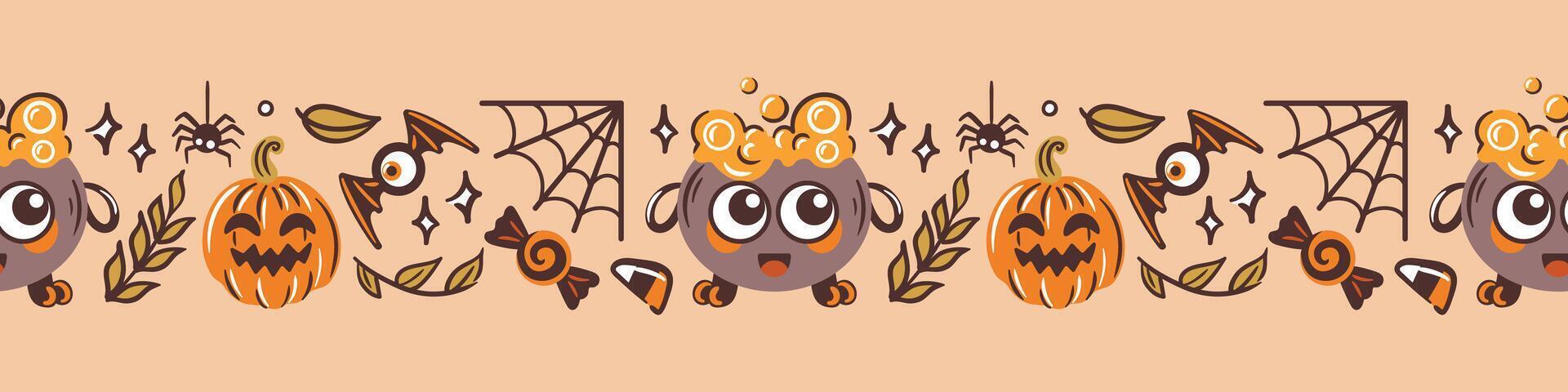 Adorable Halloween Themed Characters Featuring Colorful Pumpkins and Creepy Spiders. Horizontal seamless border, kawaii style. For wallpaper, fabric, wrapping, background. vector