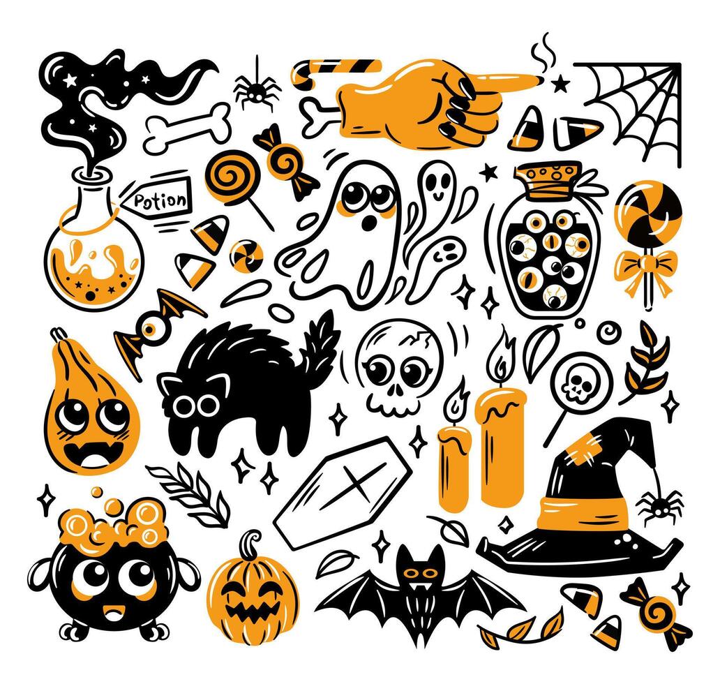 Collection of Halloween doodles with spooky icons for the season. Set of illustrations in sketch style. Potion, skull, zombie hand, witch hat, ghosts other creepy characters. sticker, poster vector