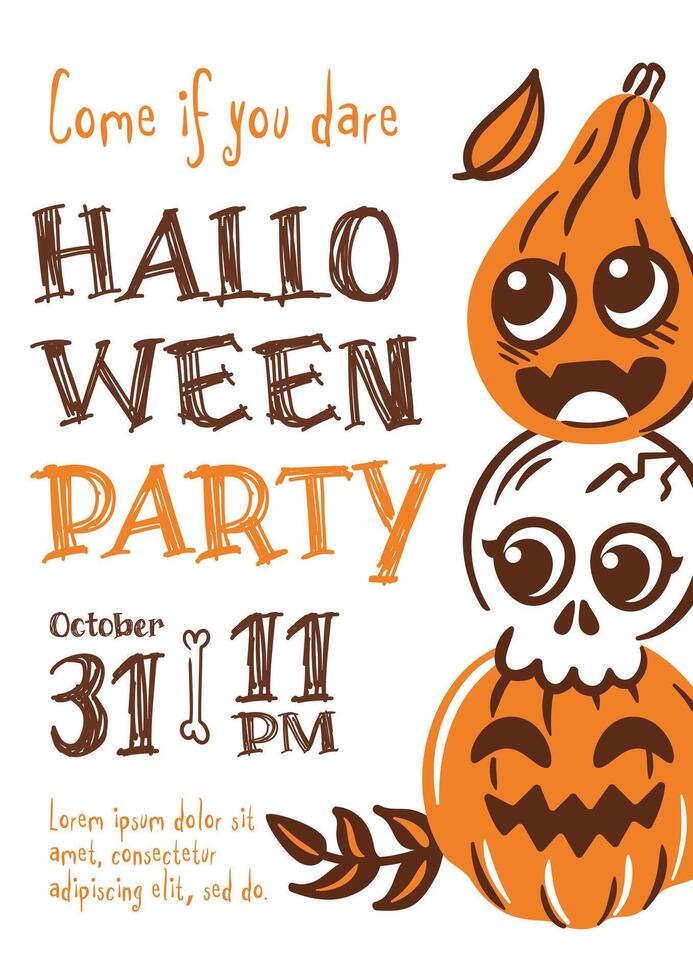Invitation to a spooky Halloween party. Pumpkins and skulls, autumn leaves. illustration for website, poster, flyer. Join us for a celebration full of holiday fun, costumes, and candy galore. vector
